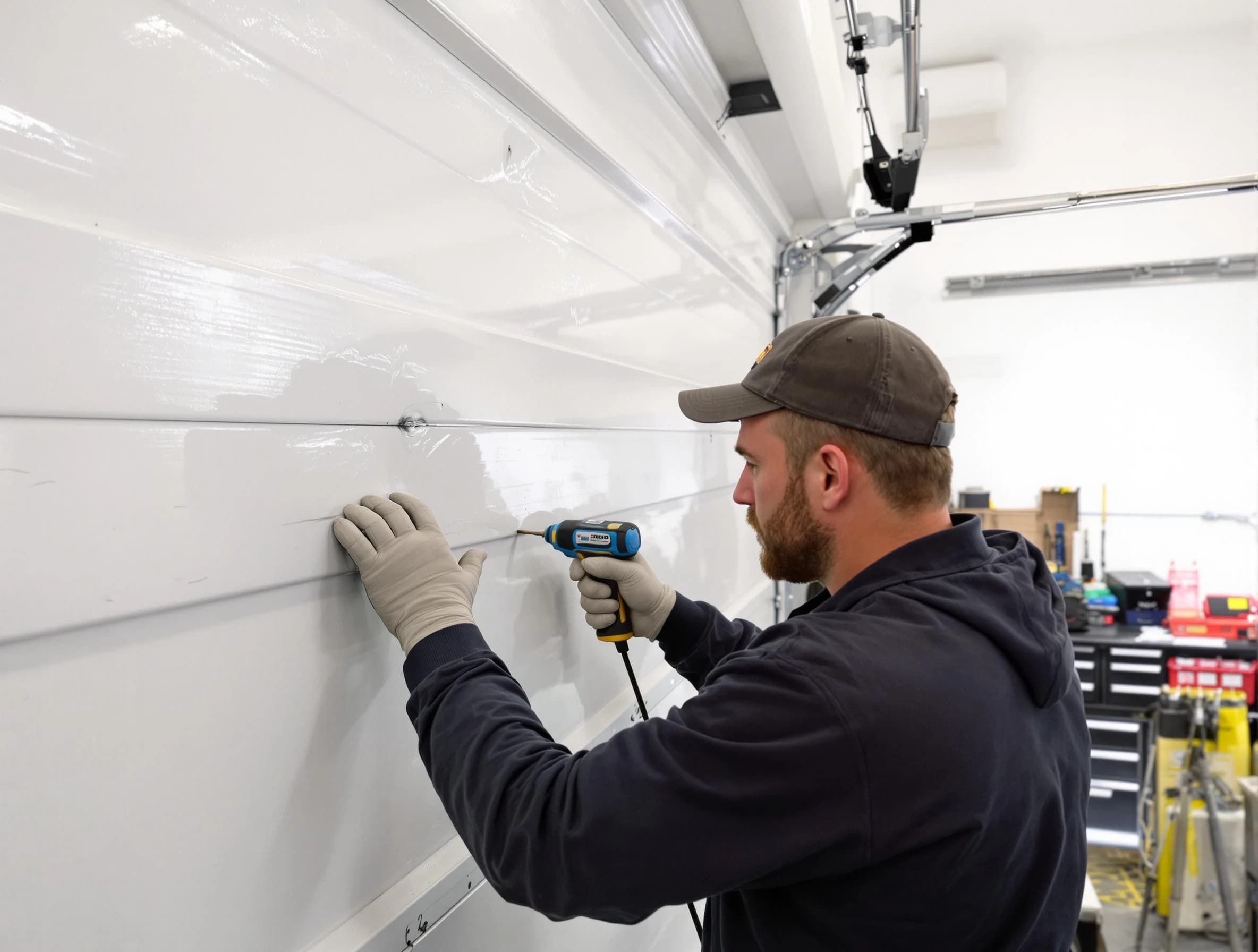 North Salt Lake Garage Door Repair technician demonstrating precision dent removal techniques on a North Salt Lake garage door